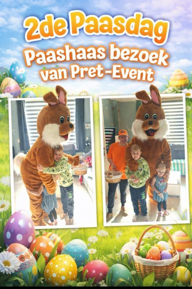 Grote paashaas kostuum met bezoekers tijdens een evenement met paaseieren.